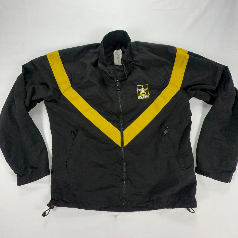 US Army APFU Physical Fitness Jacket Black Gold Track Full Zip Mens Medium Long